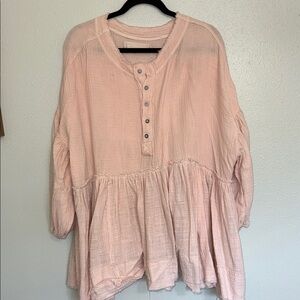 Relaxed Light Pink Cotton Gauze Henley Tunic